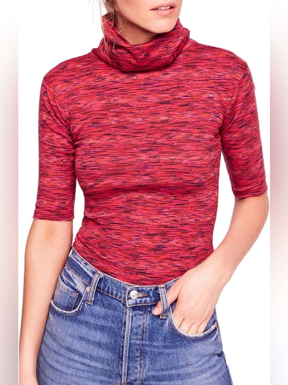 Free People Womens Sunshine Space Dye Elbow Sleeves Turtleneck Top Red S